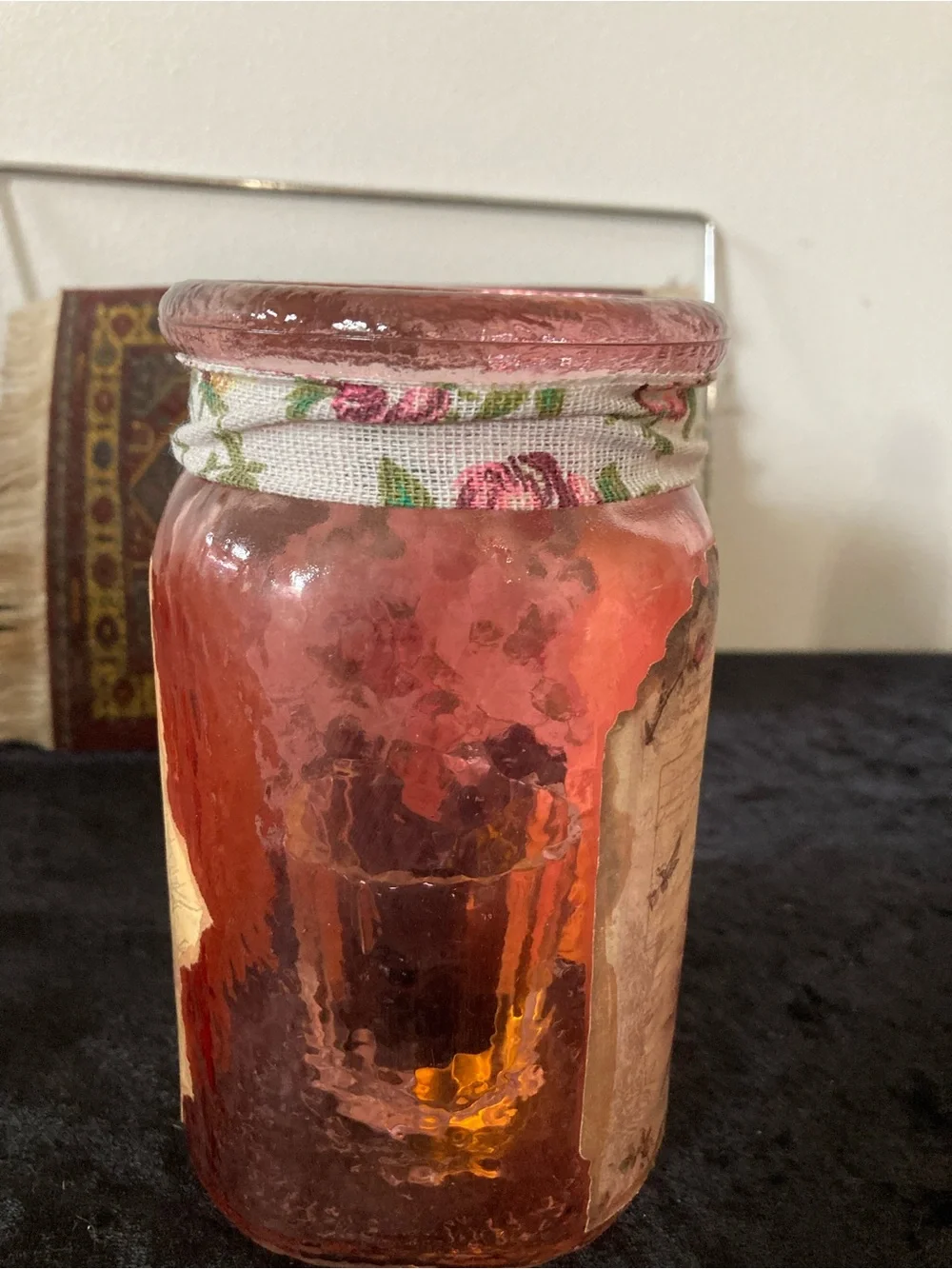 Handcrafted Pink Glass Decorative Flicker Light Jar with Floral Accent